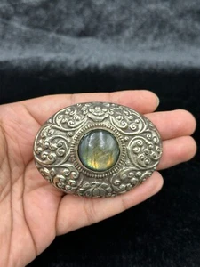 VINTAGE Handmade Tibetan Silver Belt Buckle Depicting Art With Labradorite Stone - Picture 1 of 7