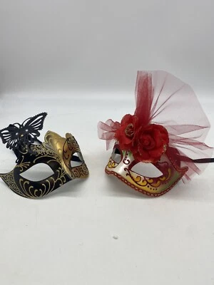 2 Hand Painted Venetian Masquerade Mask Made in Italy Black Gold Butterfly Red - Image 1 of 4