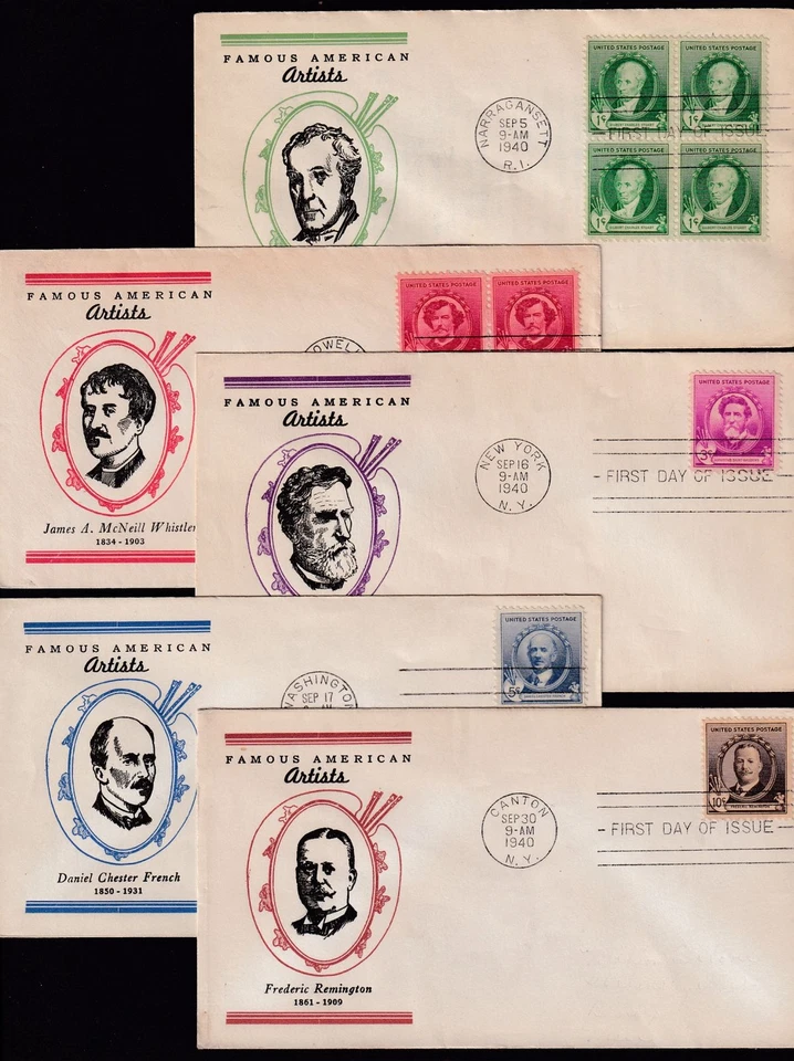 1940 Famous Americans, artists Sc 884-888-7 with 5 Linprint cachets 1c to 10c - Image 1 of 1