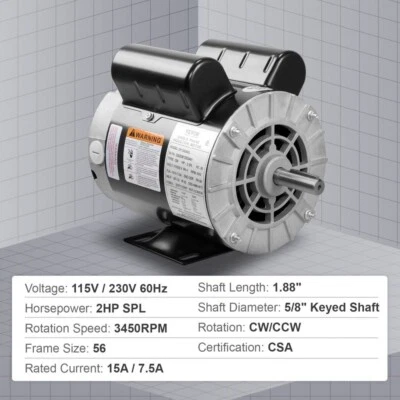 VEVOR 2HP SPL Electric Motor, 115/230V, 15/7.5 Amps, 3450RPM, 56 Frame,5/8" Shaft