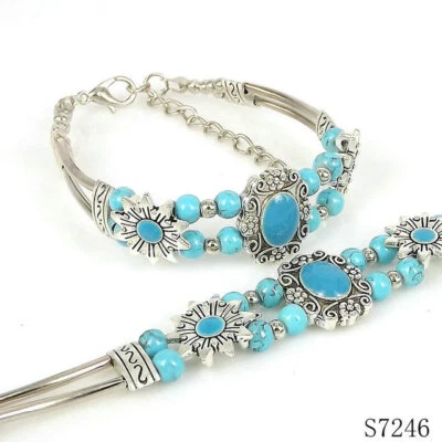 Ladies Bangle Tibetan Silver Bangle Blue Turquoise Bead Women Bracelet - Image 1 of 3