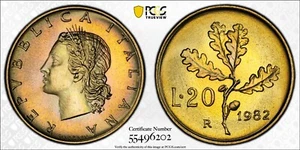 MS68 1982-R Italy 20 Lire, PCGS Trueview- Rainbow Toned SOLO Top Pop! - Picture 1 of 7
