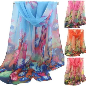 Womens Bohemia Silk Stole Floral Long Shawl Scarf Chiffon Scarves Head Neck Wrap - Picture 1 of 6