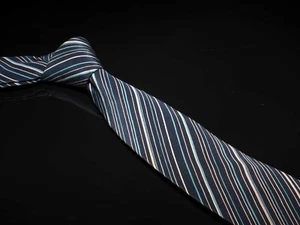 Vintage Bally Silk Tie Navy Blue Tan Stripes Men's Luxury Necktie Skinny - Picture 1 of 6