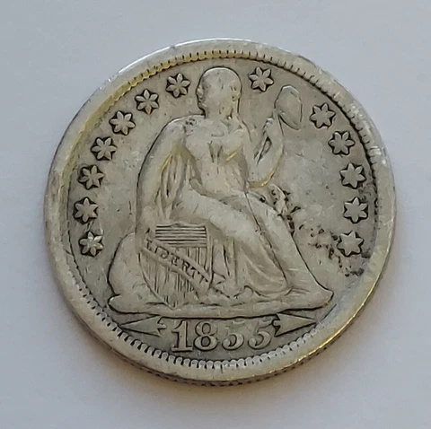 1855 Philadelphia Mint 90% Silver Seated Dime Very Fine Condition Cover