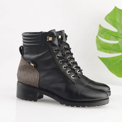 Michael Kors Womens Combat Boot Size 7.5 Black Lace Up MK Print Block Heel Lug - Image 1 of 4
