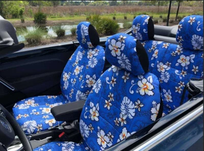 Fundas de asiento de coche delanteras + traseras ajuste personalizado Hawaii flor azul se adapta a VW Beetle 2004-2018 Foto 1 de 4