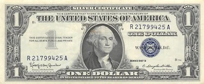 USA  $1  Silver Certificate  Series of 1957 B Block  R-A Circulated Banknote ZAA - Image 1 of 2