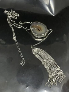 Silver tone druzy agate & chain Tassle sliding necklace 32.5”-35.5” - Picture 1 of 5