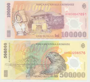 Romania 100.000 lei /2001 + 500,000 lei /2003 ; P-114 + P-115 - Picture 1 of 2