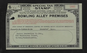 US Revenues; Special Tax Stamp; Bowling Alley Premises; FYE 1946 - Picture 1 of 2
