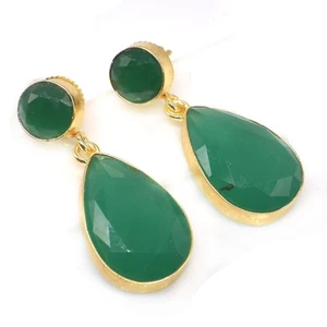 Grüner Onyx facettierter Edelstein vergoldet Schmuck Ohrstecker 1" G088 - Bild 1 von 5