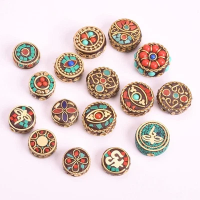 1pcs Nepalese Tibetan Buddhist Handmade Flat Round 20mm Brass Metal Clay Beads - Image 1 of 3