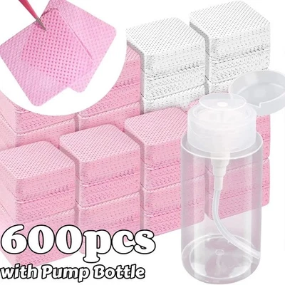 600PCS Lint Free Nail Wipes with Pump Bottle Gel Polish Remover Pads Cleaner - Image 1 of 4