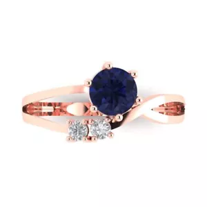 0.85 ct Round 3 stone Blue Sapphire Promise Engagement Ring Solid 14k Rose Gold - Picture 1 of 11
