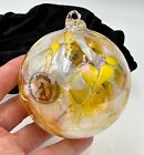 Ornement boule de verre soufflé Zorza Pologne perle jaune irisée 3,5 pouces ronde lourde
