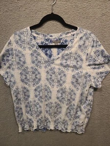 Falls Creek Blouse Top Women's Size 1X Blue/white Tie dye V-Neck Elastic Waist - Picture 1 of 3
