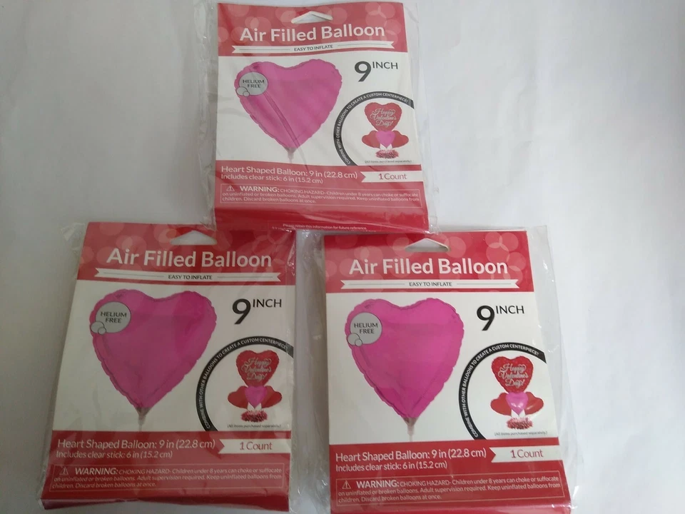 Set of 3 Pink 9 in. Heart Shaped Balloon Easy to inflate helium free  - Image 1 of 3