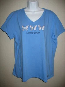 Camiseta Life is Good Crusher Talla XL Azul Manga Corta Mariposas Mujer Cuello en V - Imagen 1 de 7