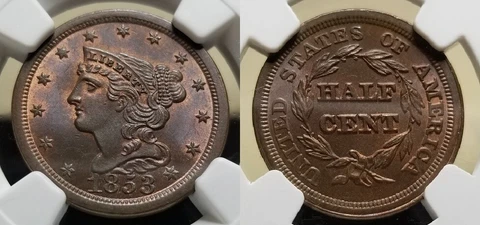 1853 Braided Hair Half Cent NGC MS 66 RB Pop 3/1 Cover