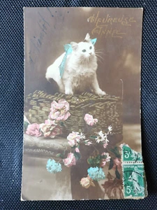 CPA Heureuse Année - Panier - Fleurs - Chat blanc - Imagen 1 de 2
