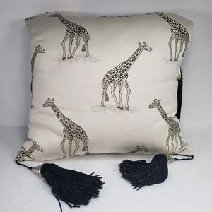 Riverdale Throw Pillow Giraffe Print Accent  15" x 15" Tassels Brown Beige - Picture 1 of 9