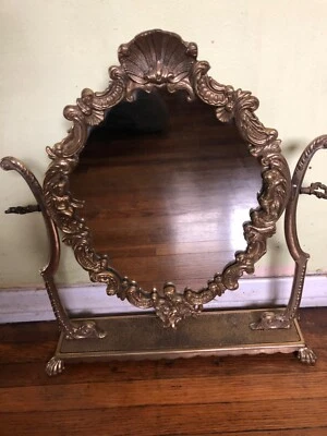 Vintage Art Nouveau Brass Cherub Dresser Mirror Vanity Sea Shell Top - Image 1 of 4