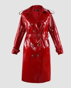 Gabardina para mujer cinturón manga larga rojo charol empalme solapa abrigo - Imagen 1 de 13