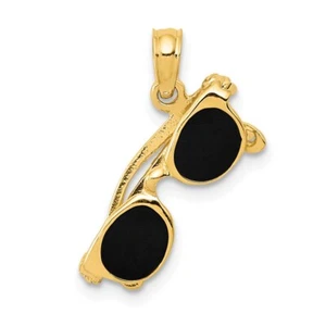 14k Yellow Gold 3-D Black Enameled Moveable Sunglasses Pendant Gift for Her - Picture 1 of 4