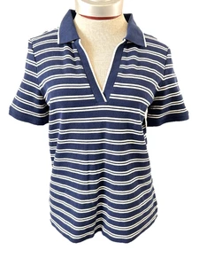 Lands End Strickoberteil Gr. M 10 12 Kurzarm V-Ausschnitt Pullover blau gestreift - Bild 1 von 6