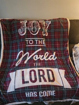 Christmas Throw 45'x58" Red Plaid Sherpa  "JOY TO THE WORLD THE LORD HAS COME" - Image 1 of 3