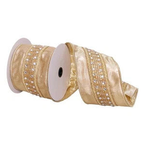 Vickerman 4" x 5 Yards Gold with Silver Jewels Wired Edge Christmas Ribbon - Picture 1 of 1