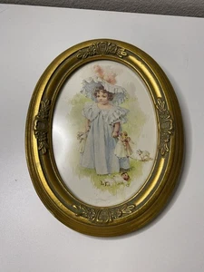 Cuadro ovalado vintage decoración de pared escena victoriana dorado marco de madera usado en excelente estado - Imagen 1 de 12