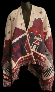 Christmas Poncho Throw Red Green White Fringe Village Scene Snowflakes Wrap - Picture 1 of 15
