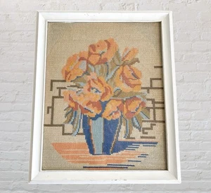 Handmade Needlepoint Tapestry, Vintage Wood Framed Wall Art Chicago Floral 15x12 - Picture 1 of 11