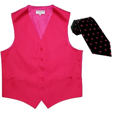 New Men's Formal Vest Tuxedo Waistcoat hot pink_black hot pink dots Necktie prom - Image 1 of 4