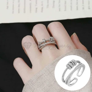 Rotatable Anti-anxiety Triple Fidget 18K White Gold Plated Open Adjustable Ring - Picture 1 of 11