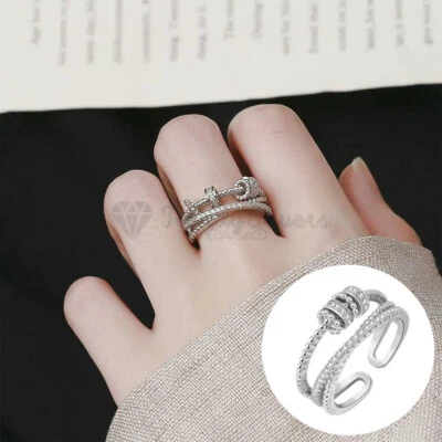 Rotatable Anti-anxiety Triple Fidget 18K White Gold Plated Open Adjustable Ring - Image 1 of 4