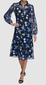 Kensie Women's Blue Embroidered-Floral Mesh Long-Sleeve Flare Shirt Dress Size 4 - Picture 1 of 3