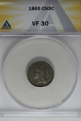 1865  .03  ANACS  VF 30  Three Cent Nickel, Liberty Three Cent Piece - Image 1 of 2