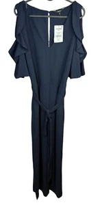 Next NEW Women's Navy Satin Jumpsuit UK 12T Cold Shoulder Waist Tie RRP £50 Zip - Bild 1 von 7