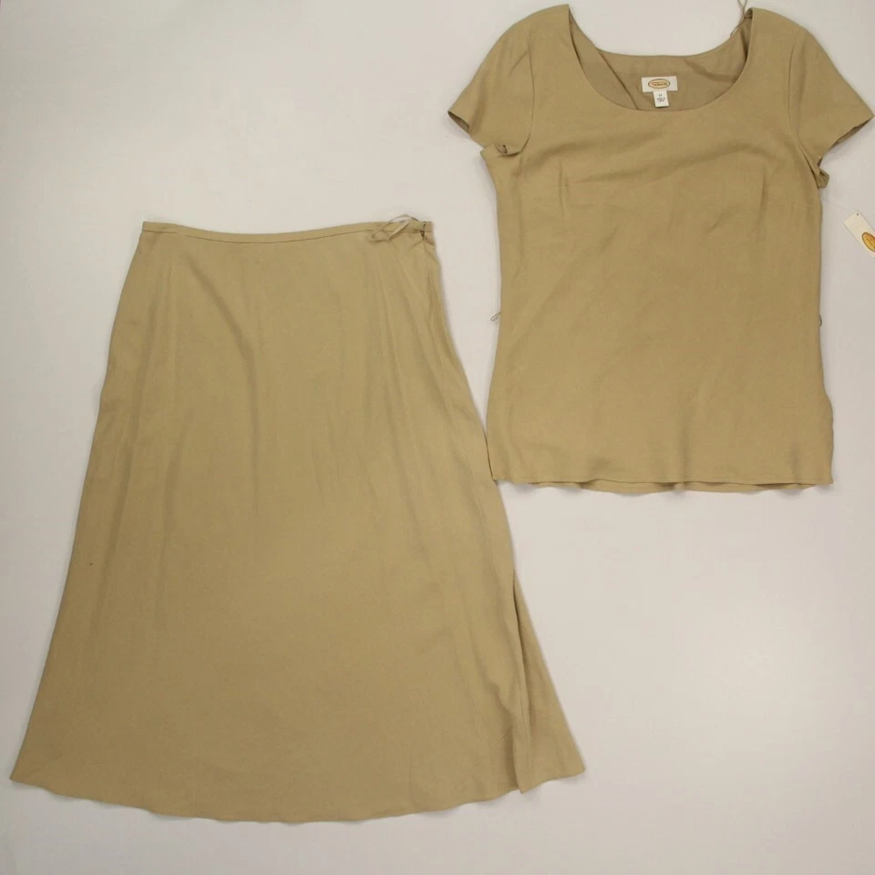 Talbots Mujeres Seda Lino Conjunto de 2 Piezas Camisa Falda Larga Talla 12 Bronceado Cápsula Lagenlook Foto 1 de 4