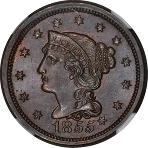 1855 1C Knob on Ear N-9 Braided Hair Cent NGC MS64BN - Picture 1 of 3