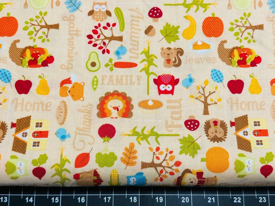 Tina SCRAP 9"x21" Pumpkin Fall Turkey Thanksgiving Hedgehog Owl Fabric Cotton - Image 1 of 1