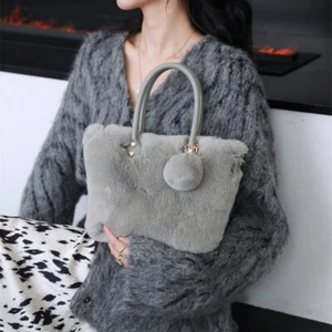 Womens Winter Fashion Solid Toto Bag Handbag Genuine Rex Rabbit Fur Shoulder Bag - Picture 1 of 31