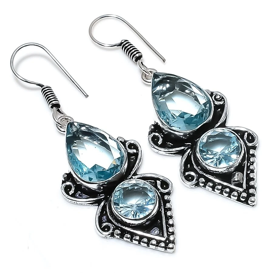 Aquamarine Gemstone Handmade 925 Sterling silver Jewelry Earring Size 2'' - Image 1 of 1