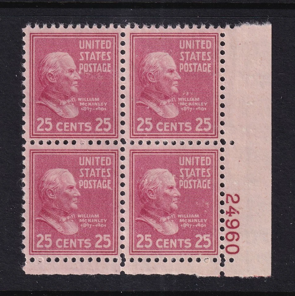 1938 PREXY William McKinley 25c Sc 829 MNH plate block OF 4 (CL - Image 1 of 1