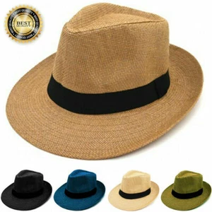 Men Women Straw Fedora Hat Trilby Cuban Sun Caps Panama Wide Brim Beach Summer - Picture 1 of 14