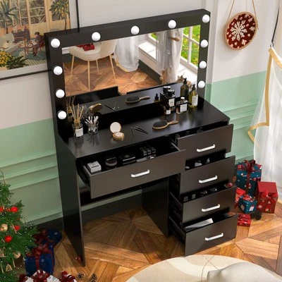 Juego de escritorio tocador de maquillaje con luces LED y tocador espejo grande 5 cajones Foto 1 de 4