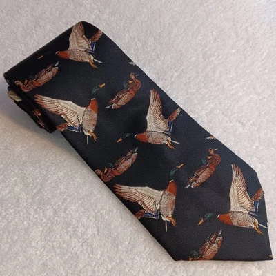 Ducks Unlimited Necktie Black 100% Silk Mallard Ducks USA  Vintage 56"×3.25" - Image 1 of 4